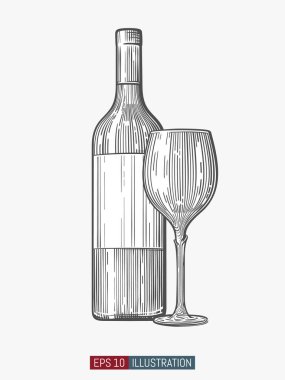 Şarap şişesi ve cam. Tasarımının şablonu işe yarıyor. Kabartmalı el çizimi vektör çizimi.