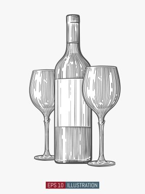 Şarap şişesi ve bardaklar. Tasarımının şablonu işe yarıyor. Kabartmalı el çizimi vektör çizimi.