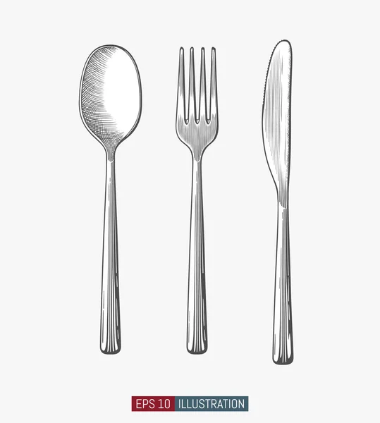Hand Drawn Spoon Forks Knife Engraved Style Vector Illustration Elements — Stock Vector