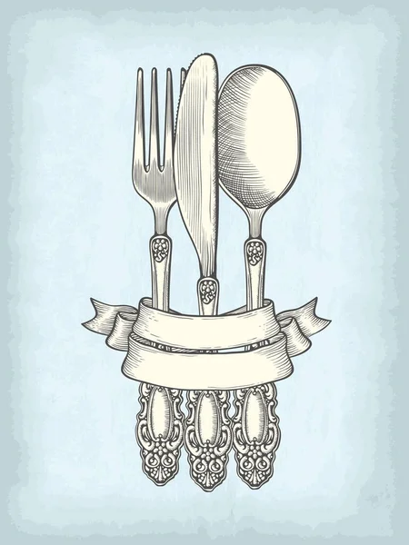 Cuillère Vintage Argent Dessinée Main Fourchette Couteau Avec Bannière Ruban — Image vectorielle