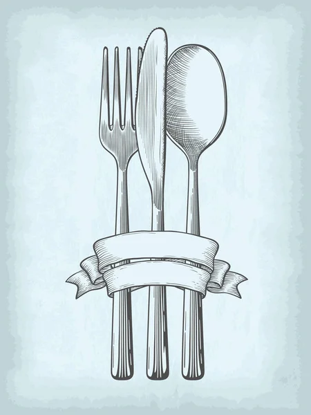 手绘勺子 叉子和带彩旗的小刀 旧工艺纸的纹理背景 雕刻风格矢量插图 设计作品的元素 — 图库矢量图片