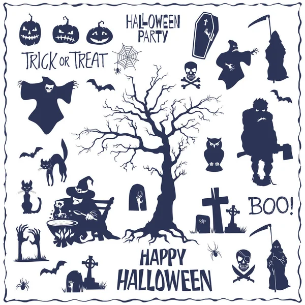 Handgezeichnete Halloween Schriftzüge Und Flache Silhouetten Gesetzt Elemente Für Ihr — Stockvektor