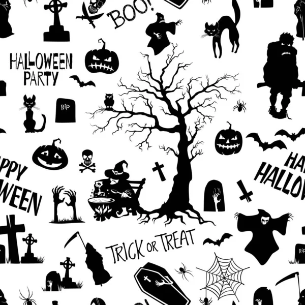 Handgezeichnete Halloween Schriftzüge Und Flache Silhouetten Mit Nahtlosem Muster Elemente — Stockvektor
