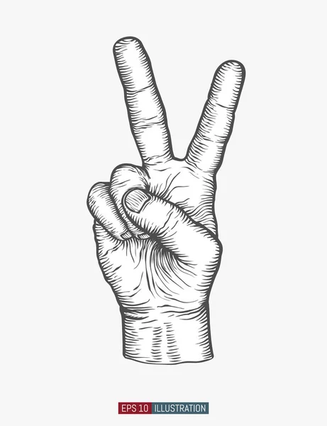 Hand Drawn Victory Hand Gesture Engraved Style Vector Illustration Element — Stock Vector