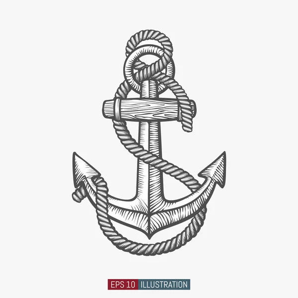 ロープで手描きの船アンカー デザイン作品のテンプレート 刻まれたスタイルのベクトルイラスト — ストックベクタ