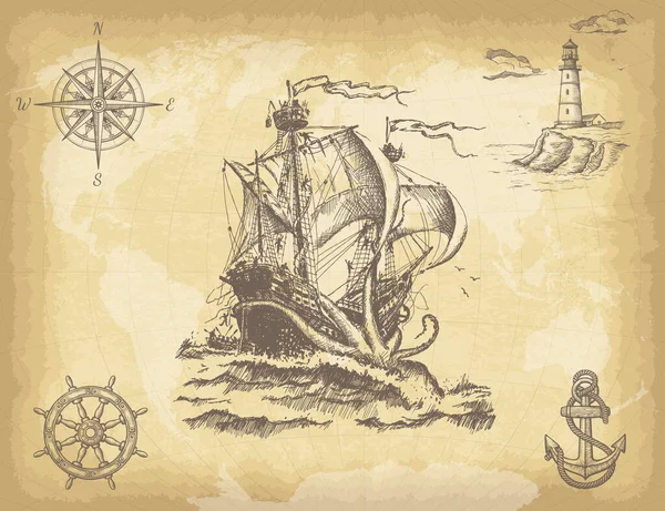 古い紙のテクスチャにヴィンテージセーリング船 コンパス 船ホイール アンカーと世界地図と抽象的な手描きの背景 デザイン作品のテンプレート ベクターイラスト — ストックベクタ