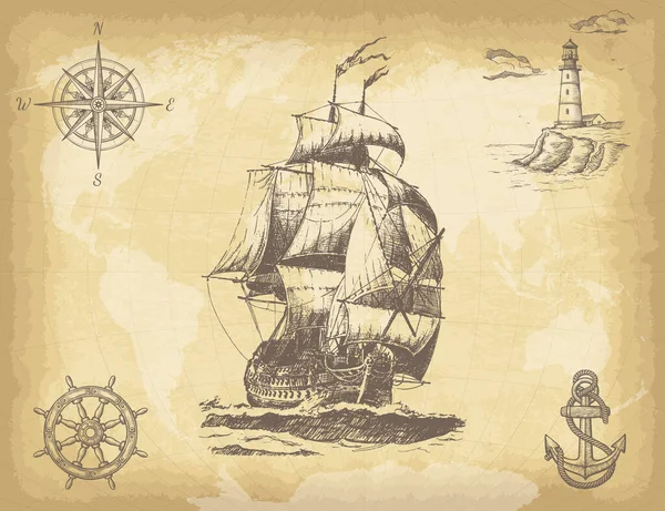 Antika Yelkenli Gemi Pusula Deniz Feneri Gemi Tekerleği Çapa Eski — Stok Vektör