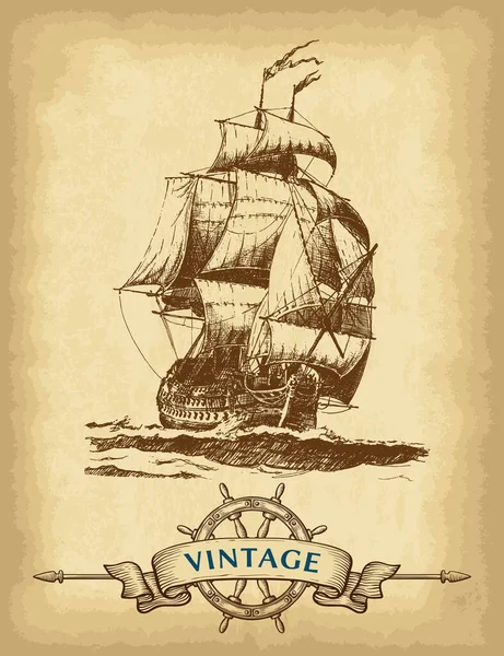 Abstrakter Handgezeichneter Hintergrund Mit Historischem Segelschiff Schiffsrad Und Bandbanner Alte — Stockvektor