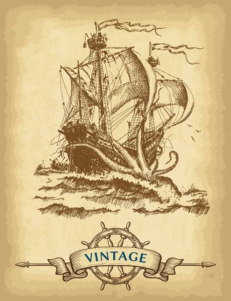 ヴィンテージセーリング船 船ホイールとリボンバナーと抽象的な手描きの背景 古い紙の質感 デザイン作品のテンプレート ベクターイラスト — ストックベクタ
