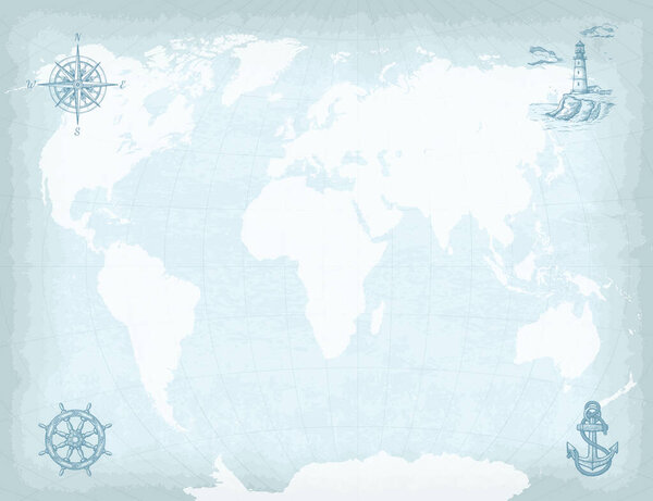 High detailed world map on old craft paper texture background. Hand drawn compass, lighthouse, ship wheel and anchor. Template for your design works. Vector illustration.