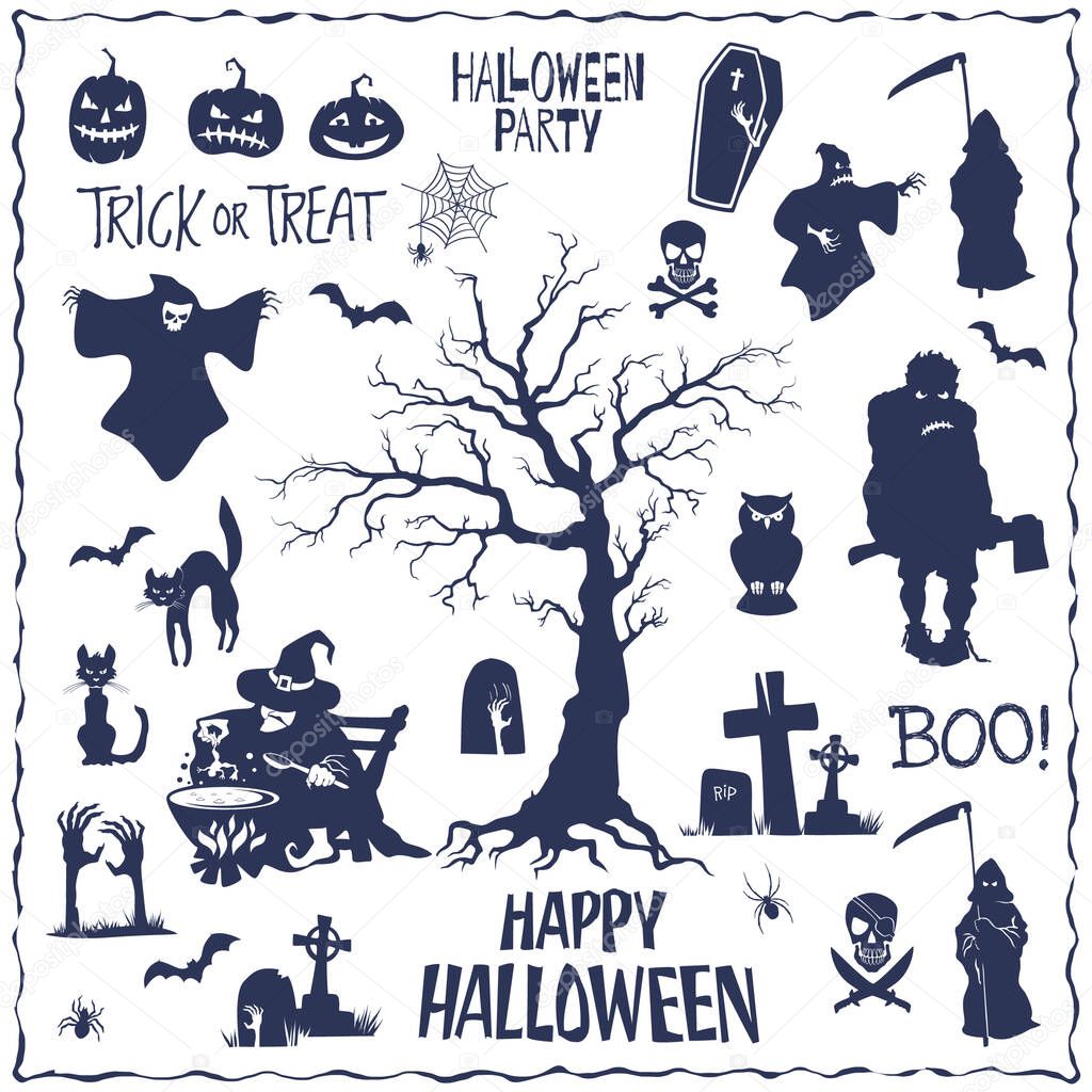 Hand drawn Halloween lettering and flat silhouettes set. Elements for your design works. Vector illustration.