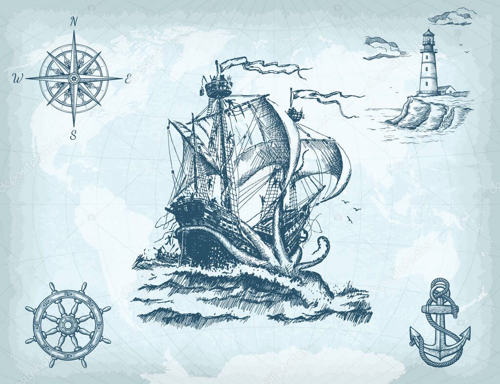 Abstract hand drawn background with vintage sailing ship, compass, lighthouse, ship wheel, anchor and world map on old craft paper texture. Template for your design works. 