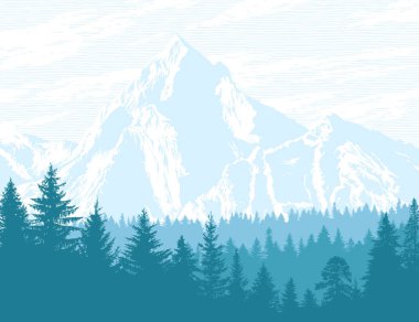 Soyut arkaplan. Dağlar ve orman arazisi. Tasarımının şablonu işe yarıyor. El çizimi vektör illüstrasyonu.