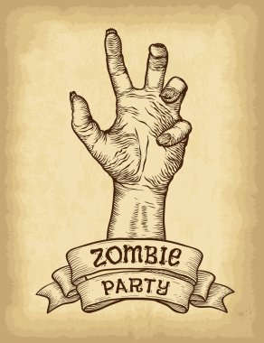 El yapımı zombi eli ve şerit afişi eski el işi kağıt dokusu arka planında. Tasarımının şablonu işe yarıyor. İşlenmiş biçim vektör illüstrasyonu.