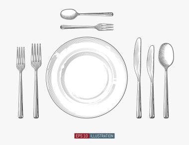 Elle çizilmiş tabak, peçete, çatal ve bıçak. Oymalı stil vektör illüstrasyonu. Tasarımınız için elementler çalışıyor.