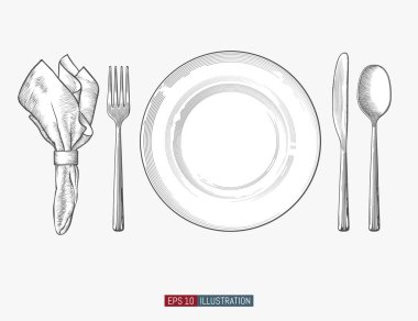 Elle çizilmiş tabak, peçete, çatal ve bıçak. Oymalı stil vektör illüstrasyonu. Tasarımınız için elementler çalışıyor.