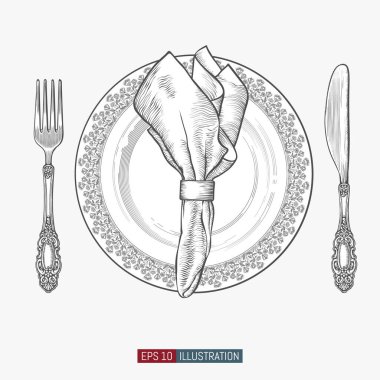 Elle çizilmiş tabak, peçete, çatal ve bıçak. Oymalı stil vektör illüstrasyonu. Tasarımınız için elementler çalışıyor.