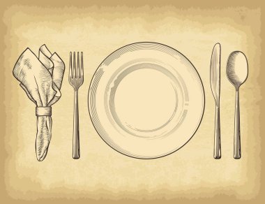 El çizimi kaşık, çatal ve bıçaklar eski el işi kağıt dokusu arka planında. Oymalı stil vektör illüstrasyonu. Tasarımınız için elementler çalışıyor.