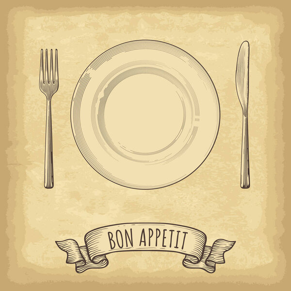 Hand drawn plate, napkin, fork and knife. Ribbon banner with Bon Appetit lettering. Engraved style vector illustration. Elements for your design works.