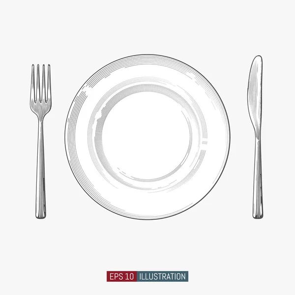 Plaque Serviette Fourchette Couteau Dessinés Main Illustration Vectorielle Style Gravé — Image vectorielle