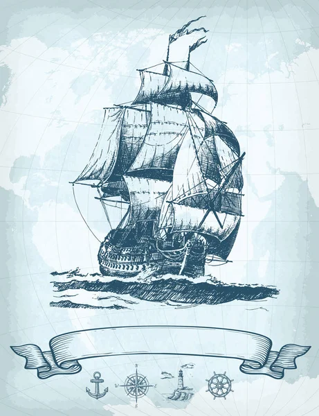 Soyut deniz macerası geçmişi. Dünya haritası, yelkenli gemi, çapa, deniz feneri, pusula, tekerlek, lastik pankart. Tasarımının şablonu işe yarıyor. El çizimi vektör illüstrasyonu.