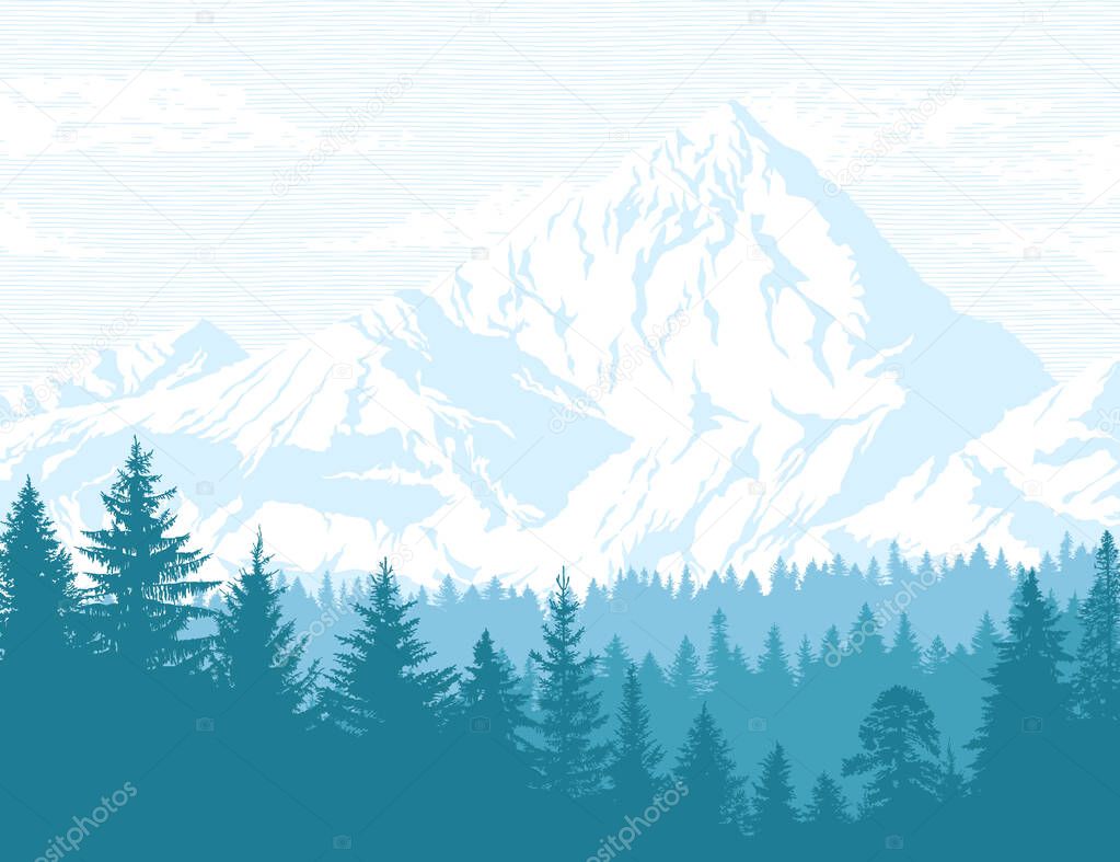 Abstract background. Mountains and forest wilderness landscape. Template for your design works. Hand drawn vector illustration.