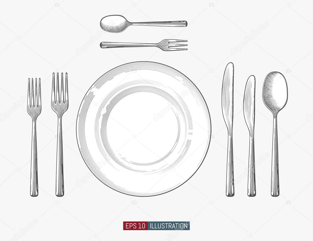 Hand drawn plate, napkin, fork and knife. Engraved style vector illustration. Elements for your design works.