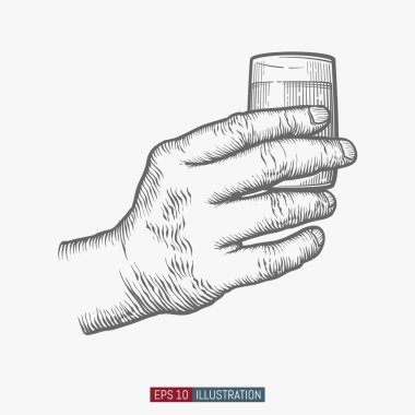 El ele tutuşan cam. Tasarımının şablonu işe yarıyor. İşlenmiş biçim vektör illüstrasyonu.