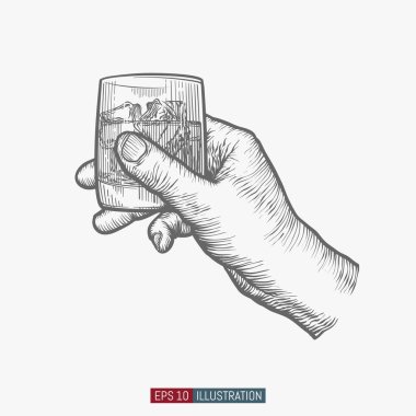 El ele tutuşan cam. Tasarımının şablonu işe yarıyor. İşlenmiş biçim vektör illüstrasyonu.