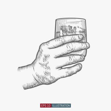 El ele tutuşan cam. Tasarımının şablonu işe yarıyor. İşlenmiş biçim vektör illüstrasyonu.