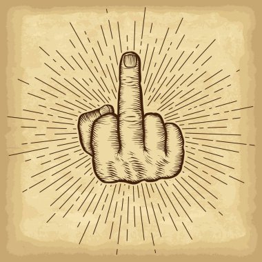 El yapımı el hareketi. Eski el işi kağıdının arka planında orta parmak. Doğrusal klasik güneş ışınları. Tasarımının şablonu işe yarıyor. İşlenmiş biçim vektör illüstrasyonu.