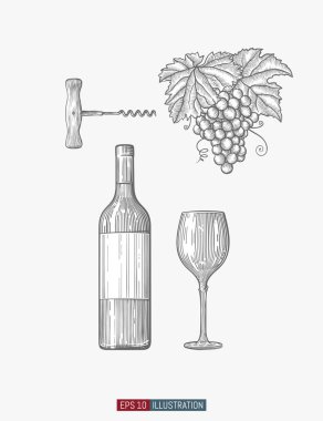El yapımı şarap elementleri. Tirbuşon, şişe, cam, üzüm. Oymalı stil vektör illüstrasyonu. Tasarımınız için şablon.