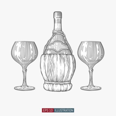 El yapımı şarap şişesi ve bardaklar. Oymalı stil vektör illüstrasyonu. Tasarımınız için şablon.