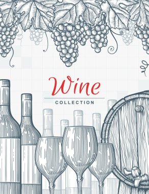 El yapımı şarap arka planı. Düzenlenebilir elementler maskesi Oymalı stil vektör illüstrasyonu. Tasarımınız için şablon.