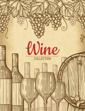 El yapımı şarap arka planı. Eski el işi kağıt dokusu arka planı. Oymalı stil vektör illüstrasyonu. Tasarımınız için şablon.