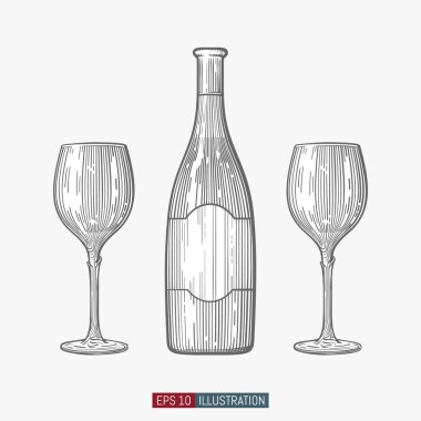 El yapımı şarap şişesi ve bardaklar. Oymalı stil vektör illüstrasyonu. Tasarımınız için şablon.