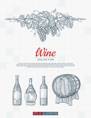 El yapımı şarap arka planı. Oymalı stil vektör illüstrasyonu. Tasarımınız için şablon.