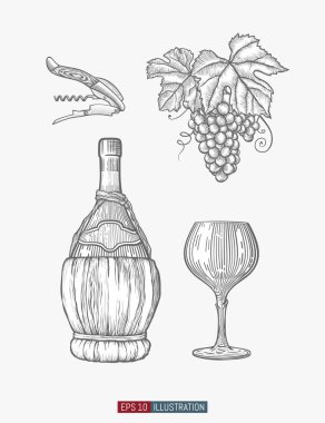 El yapımı şarap elementleri. Tirbuşon, şişe, cam, üzüm. Oymalı stil vektör illüstrasyonu. Tasarımınız için şablon.