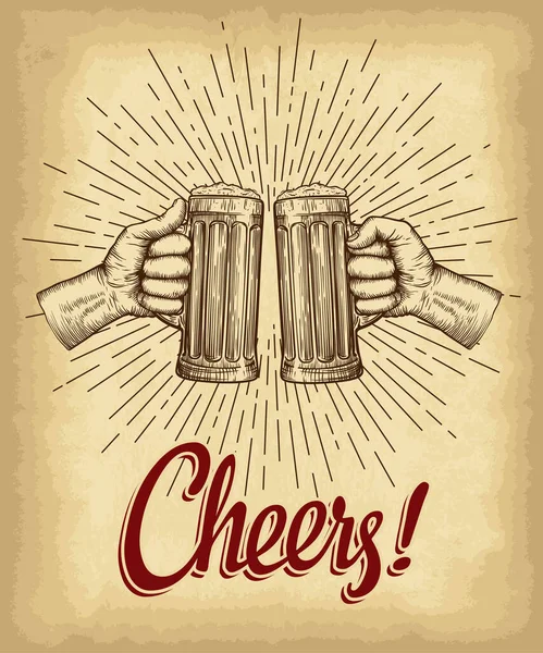 Bira bardağını tutarken. Şerefe harfleri. Doğrusal klasik güneş ışınları arka planına sahip eski kağıt dokusu. Kabartmalı el çizimi vektör çizimi.