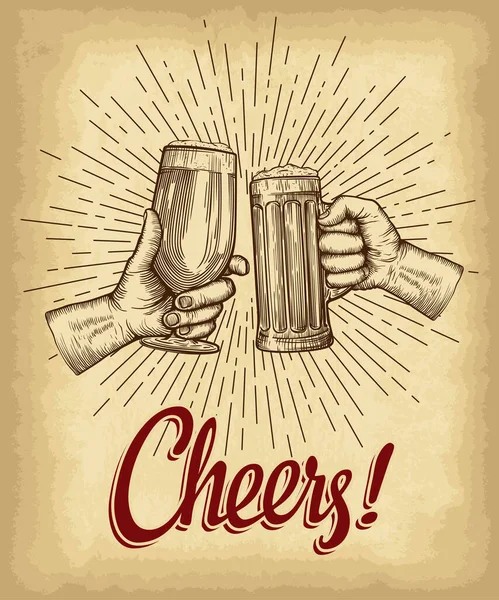 Bira bardağını tutarken. Şerefe harfleri. Doğrusal klasik güneş ışınları arka planına sahip eski kağıt dokusu. Kabartmalı el çizimi vektör çizimi.