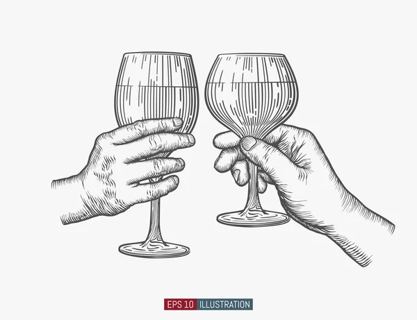 Mains Tenant Des Verres Vin Illustration Vectorielle Style Gravé Modèle — Image vectorielle