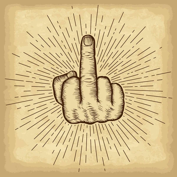 El yapımı el hareketi. Eski el işi kağıdının arka planında orta parmak. Doğrusal klasik güneş ışınları. Tasarımının şablonu işe yarıyor. İşlenmiş biçim vektör illüstrasyonu.
