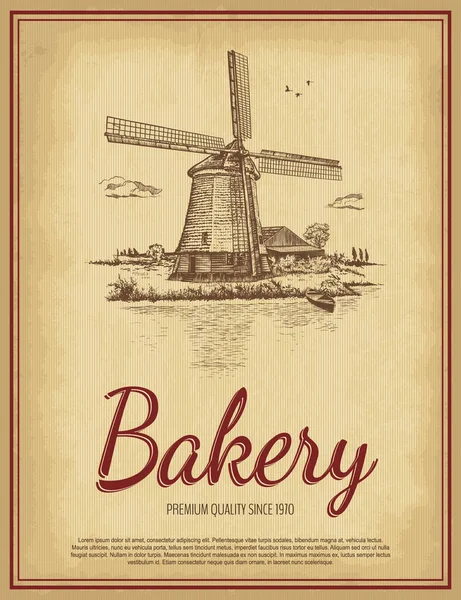 Fırın harfleriyle el çizimi kırsal alan. Vintage yel değirmeni, nehir, ahır, bulutlu gökyüzü, kuşlar, tekne. Eski kağıt arkaplan. Oymalı stil vektör illüstrasyonu. Tasarımınız için şablon.