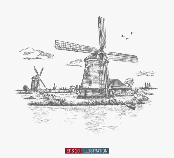 Handgetekend Landelijk Landschap Vintage Windmolen Rivier Schuur Lucht Met Wolken — Stockvector