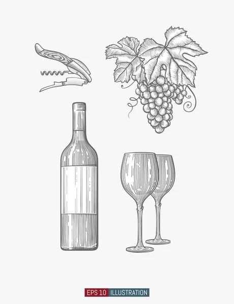 Elementos Vino Elaborados Mano Sacacorchos Botellas Vasos Uvas Ilustración Vectores — Vector de stock