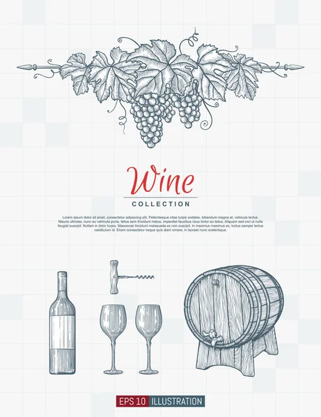 El yapımı şarap arka planı. Oymalı stil vektör illüstrasyonu. Tasarımınız için şablon.