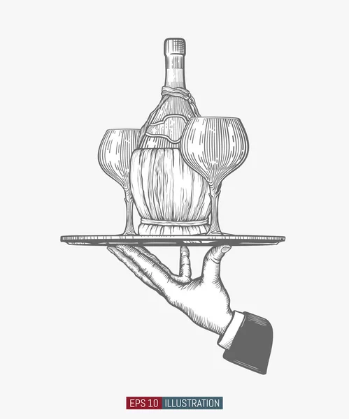 Serveur Main Tenant Plateau Avec Bouteille Vin Verres Modèle Pour — Image vectorielle