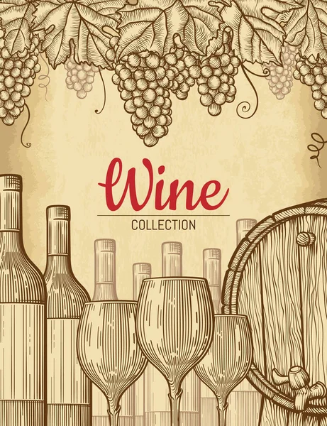 El yapımı şarap arka planı. Eski el işi kağıt dokusu arka planı. Oymalı stil vektör illüstrasyonu. Tasarımınız için şablon.