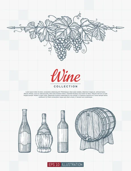 El yapımı şarap arka planı. Oymalı stil vektör illüstrasyonu. Tasarımınız için şablon.