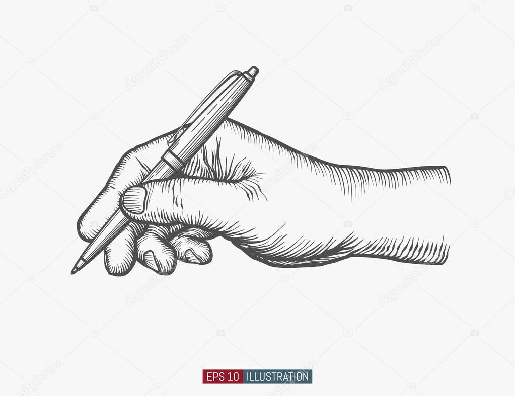 Hand drawn hand holding ball pen.  Template for your design works. Engraved style vector illustration.